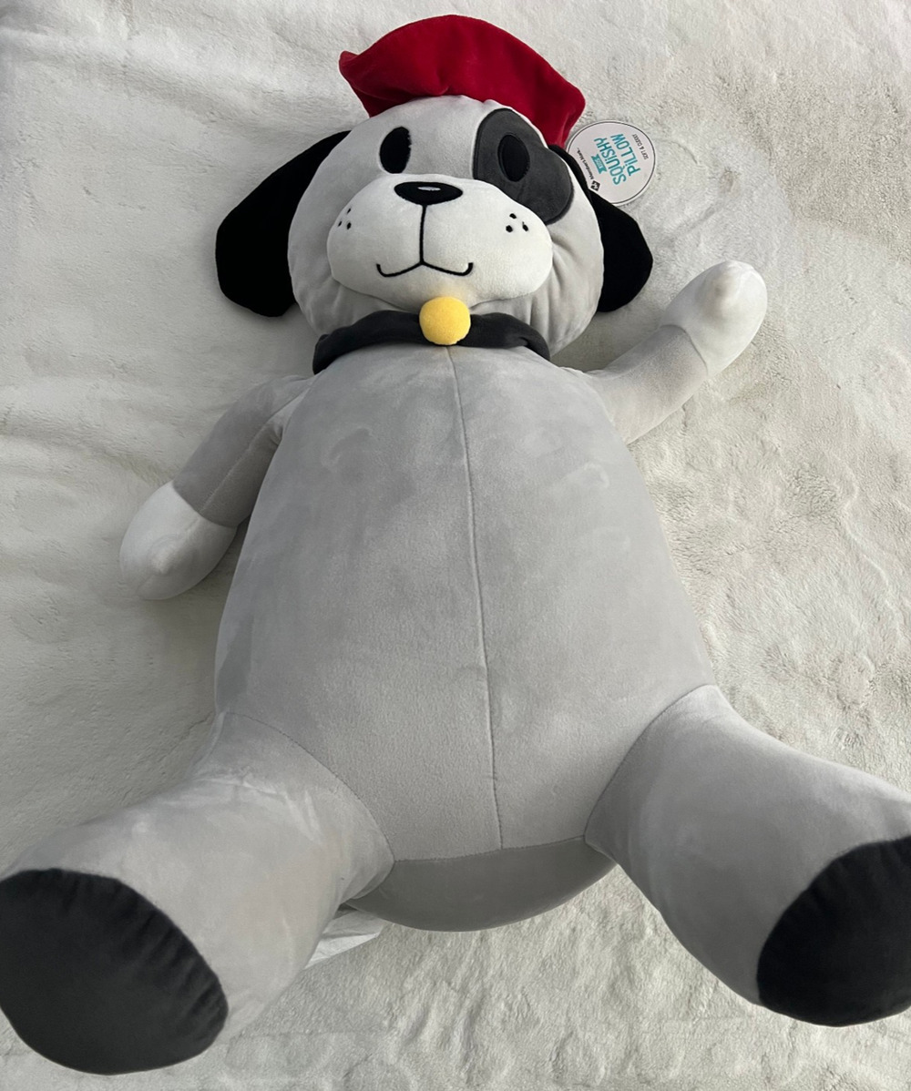 Member's Mark Squishy Pillow Dog Plush 26 Inch Gray Red Beret Stuffed Animal Toy